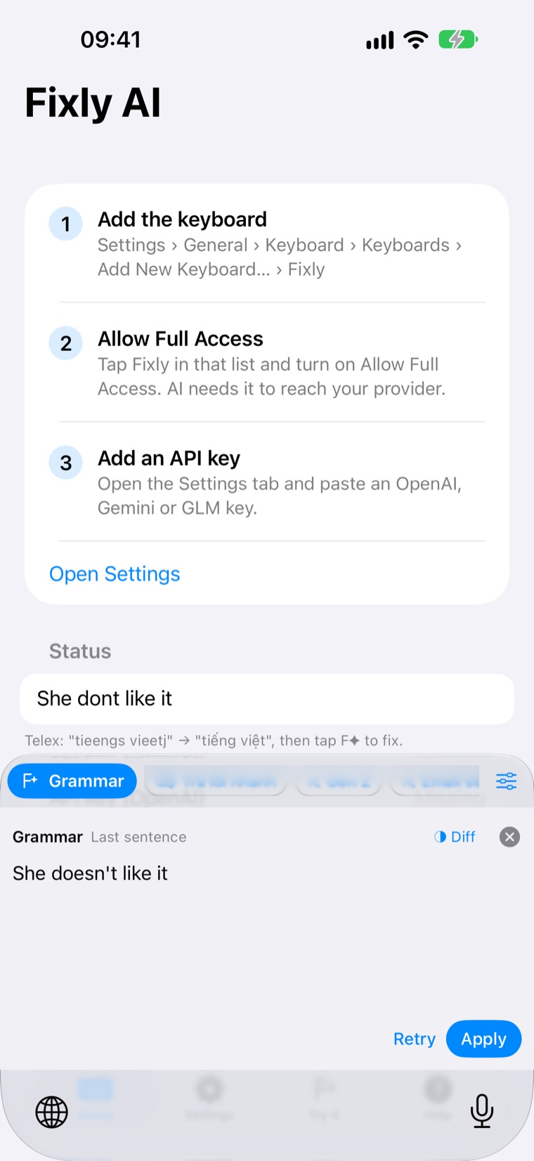 Fixly AI keyboard fixing a sentence: 'She dont like it' becomes 'She doesn't like it'